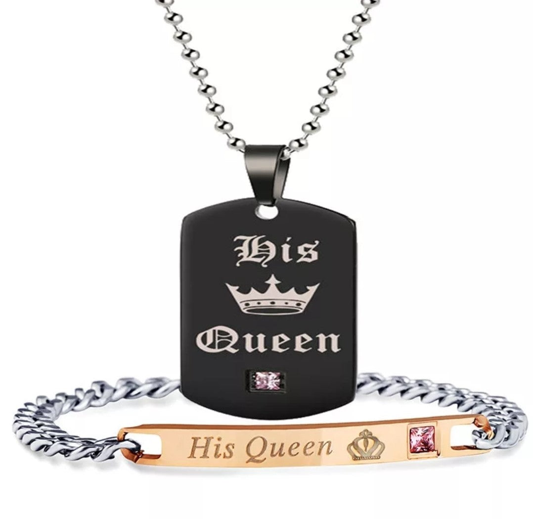 SET COLGANTES PLACAS NEGRAS Y PULSERAS KING&QUEEN